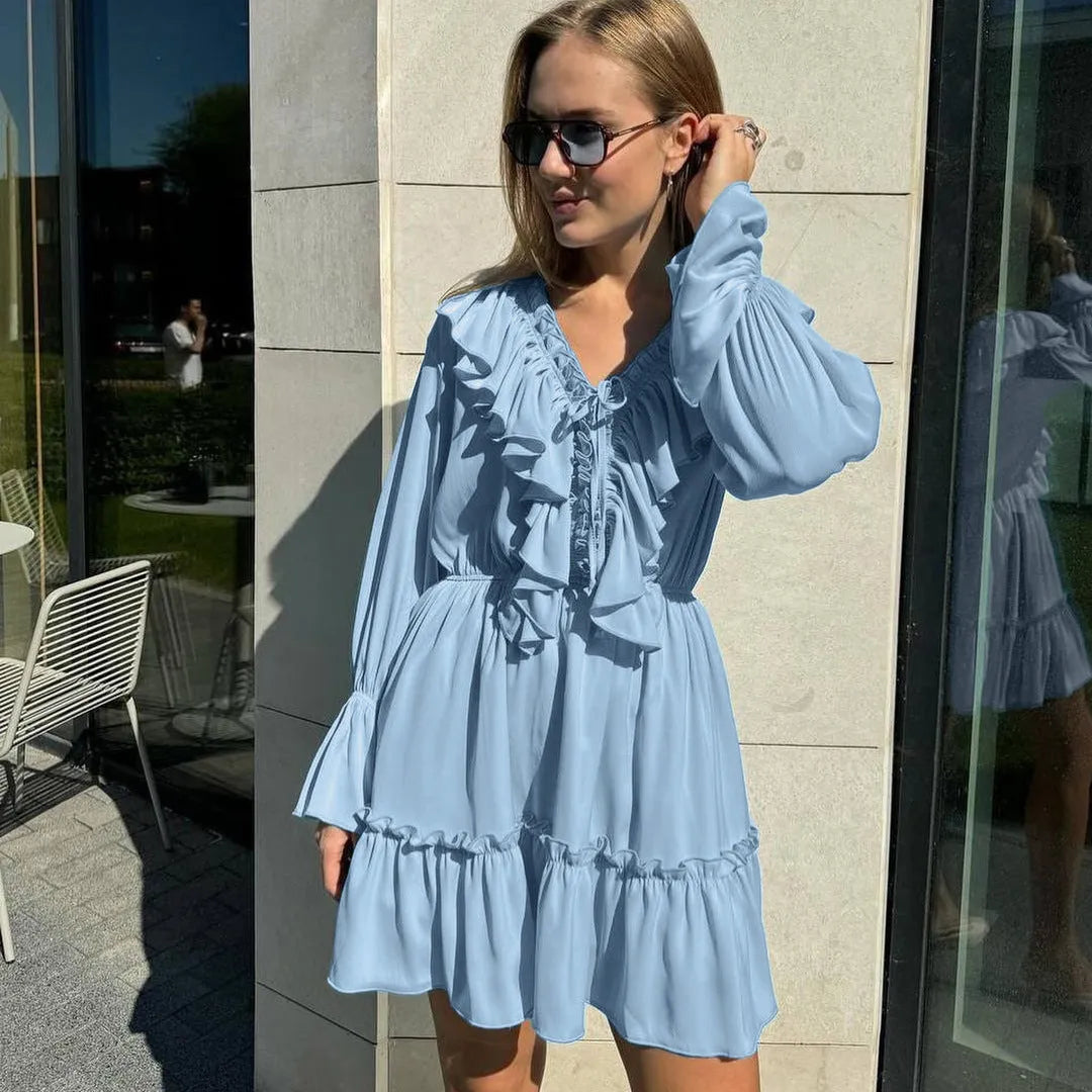 Fashion V Neck Pleated Ruffle Long Sleeve Dress - Bellarte Enchanté Fashion V Neck Pleated Ruffle Long Sleeve Dress